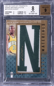 2007-08 Fleer Hot Prospects "Rookie Materials" #KD Kevin Durant Signed Patch Rookie Card - BGS NM-MT 8/BGS 9